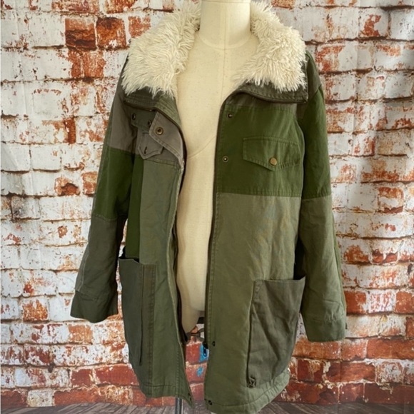 One Teaspoon Green Patchwork Twill Utility Defender Sherpa Fur Lined Coat Small - Picture 6 of 14